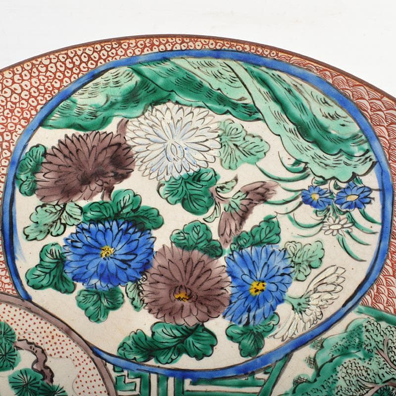 九谷焼　青手九谷　色絵　山水人物文　大皿　飾皿　直径約37㎝　M　6646C