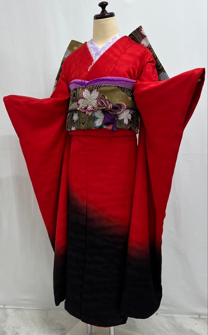 振り袖 フルセット 別誂絞り長襦袢付 赤 黒 ツートーン 成人式 580