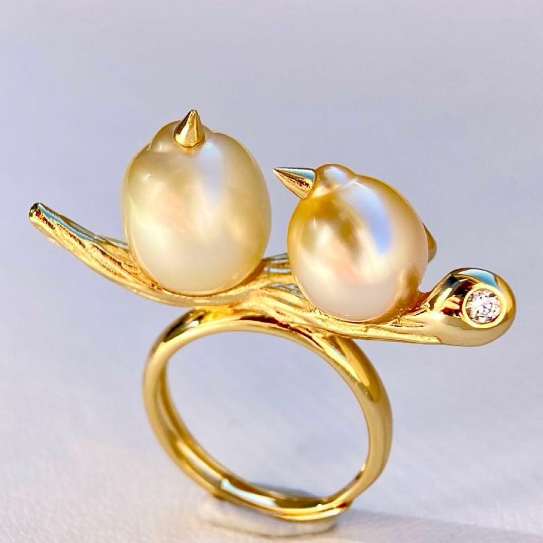 本真珠南洋白蝶真珠シャンパン&ゴールド「鳥と枝 」s925リングY1006