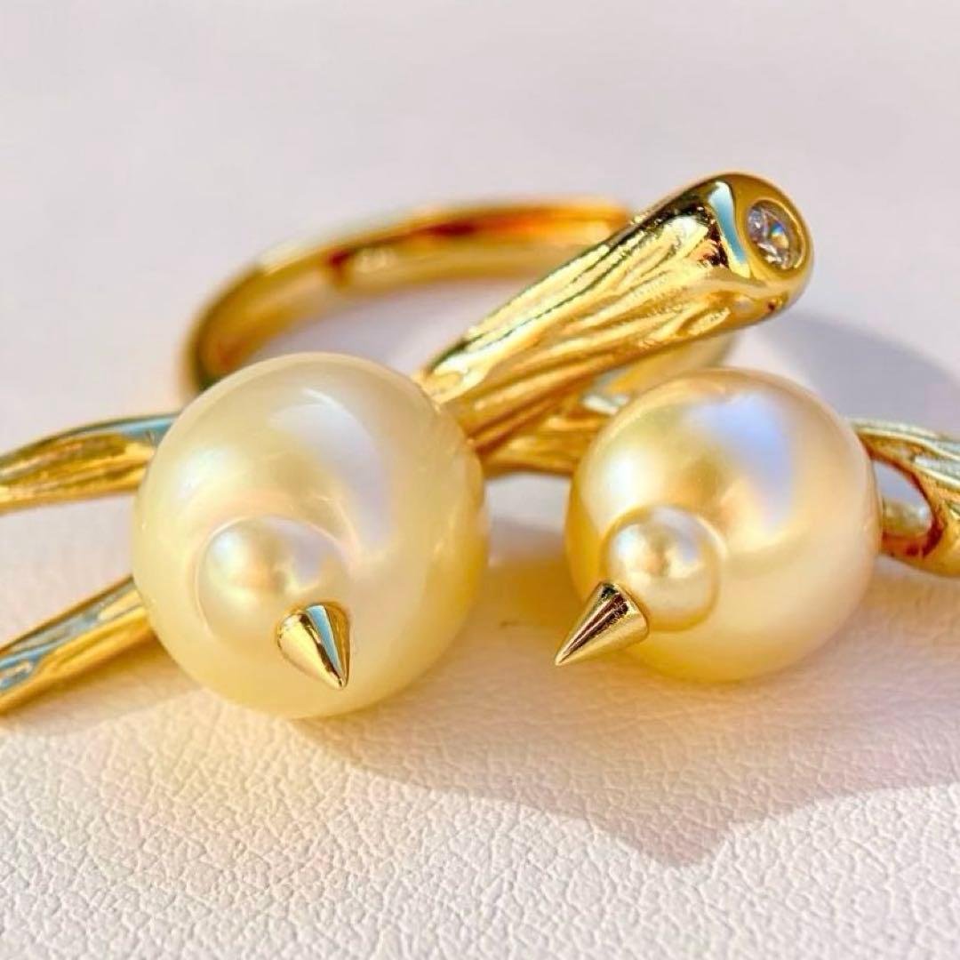 本真珠南洋白蝶真珠シャンパン&ゴールド「鳥と枝 」s925リングY1006