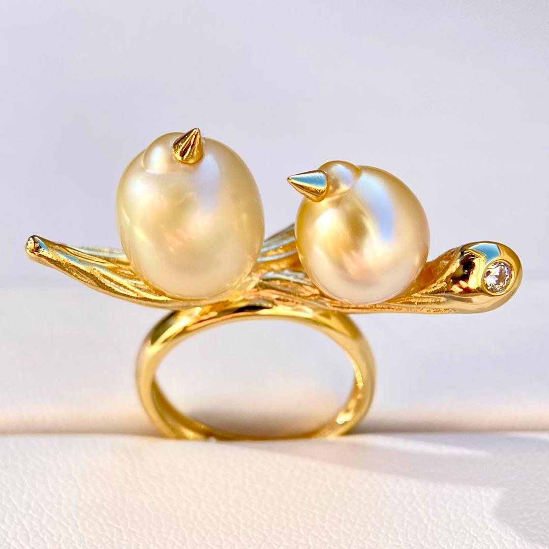 本真珠南洋白蝶真珠シャンパン&ゴールド「鳥と枝 」s925リングY1006