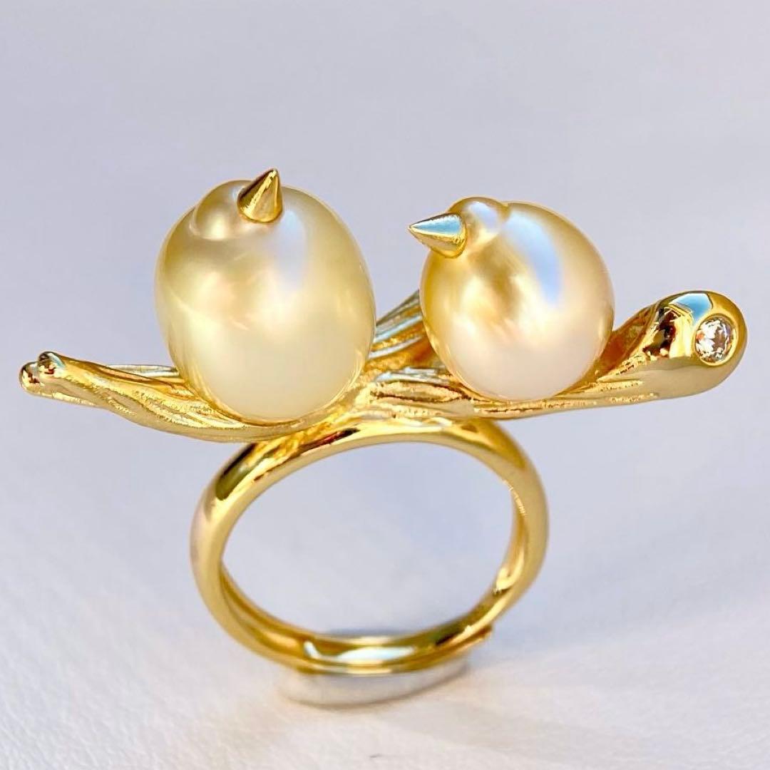 本真珠南洋白蝶真珠シャンパン&ゴールド「鳥と枝 」s925リングY1006