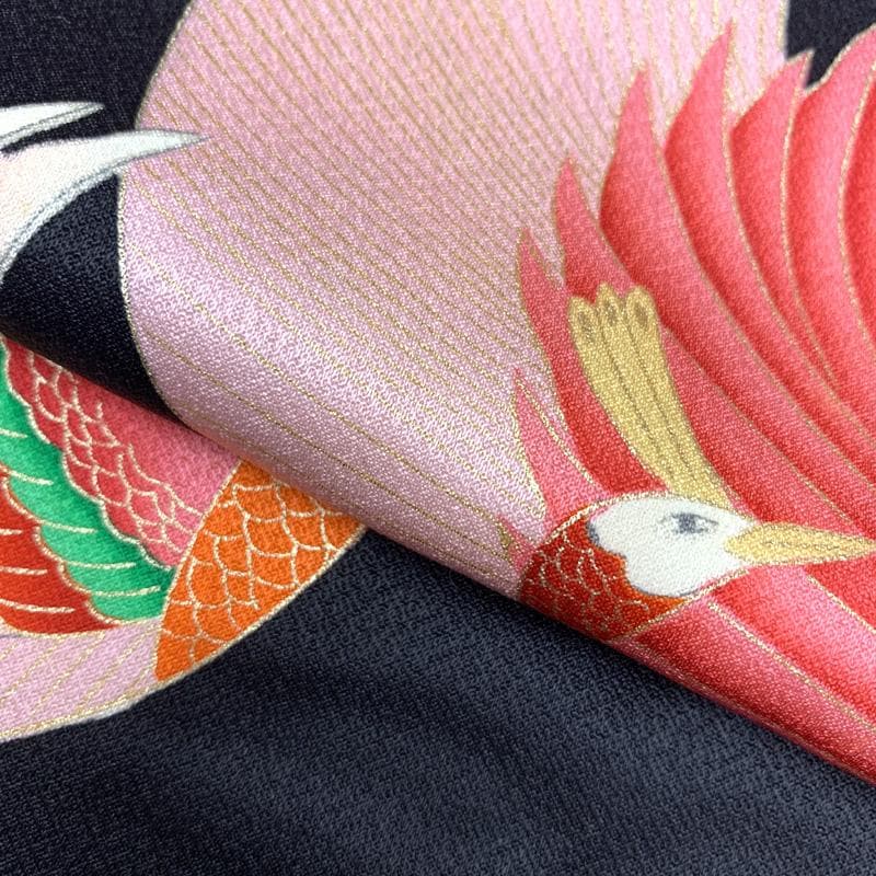 511ag43□七五三 七歳 女児 着物&袋帯 ヴィンテージ 孔雀 黒□状態良好