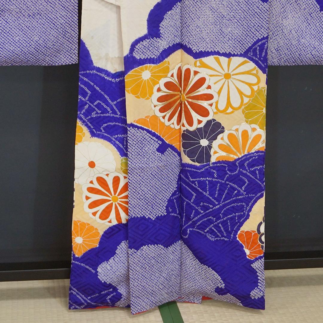 総絞り 紫 アンティーク？ 金駒刺繍 正絹振袖 160cm l236