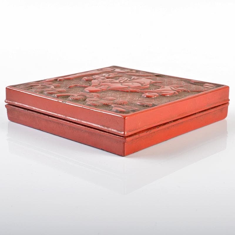 中国　剔紅　堆朱　山水人物文　四方　肉池　朱肉入　D　R6177