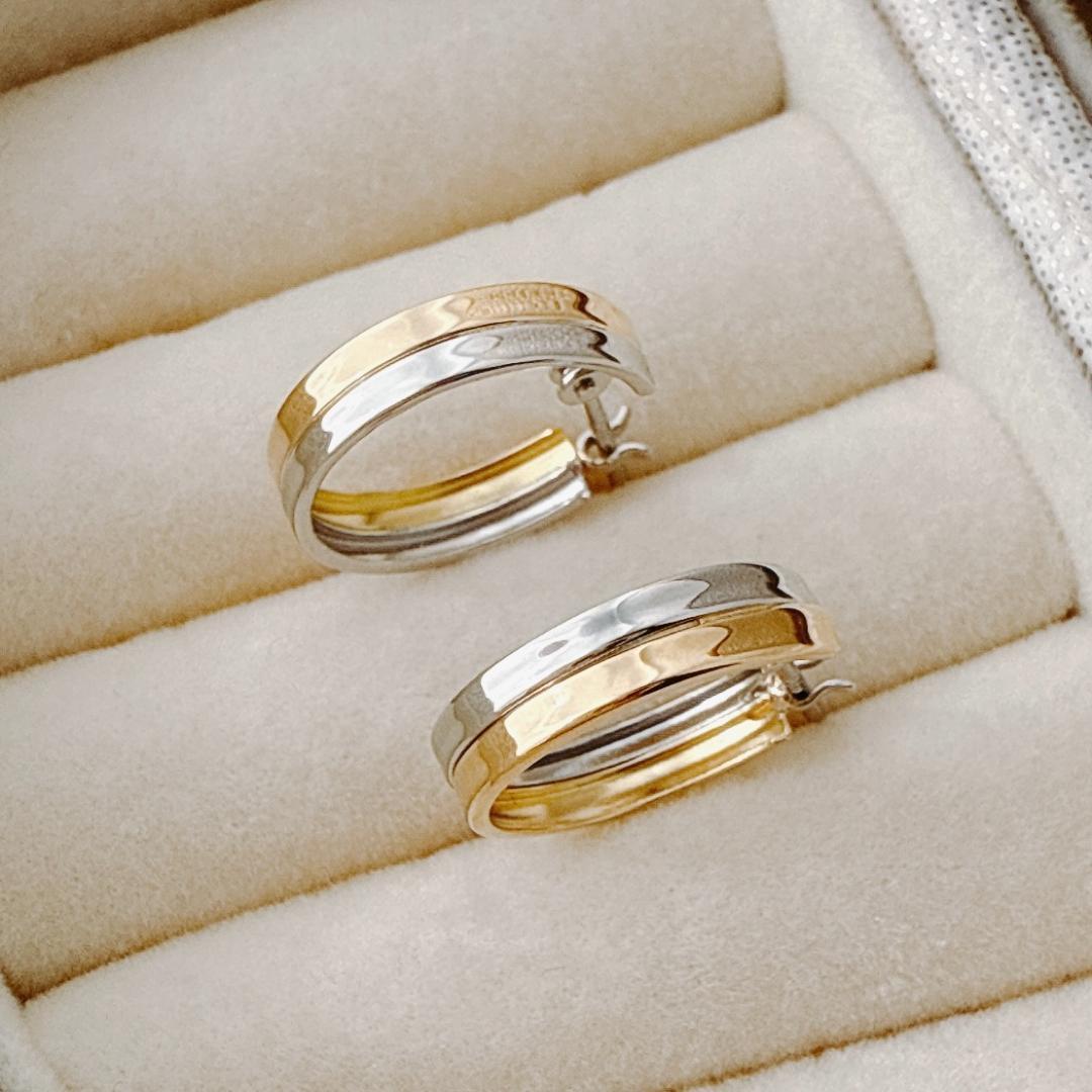 18金+プラチナ【2連コンビフープピアス】刻印入 日本製 ペア 新品