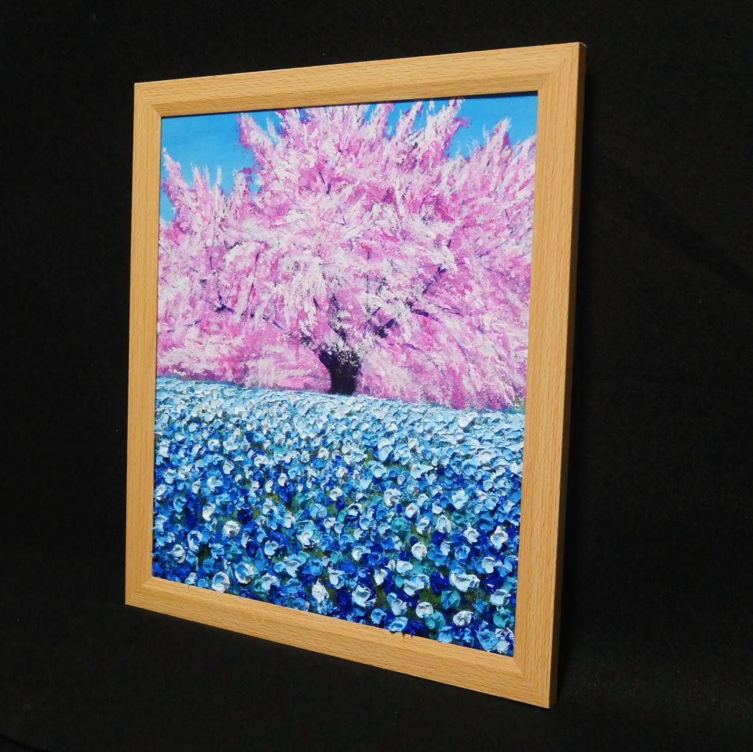 油絵 油彩 油彩画 絵 絵画【桜とネモフィラ】