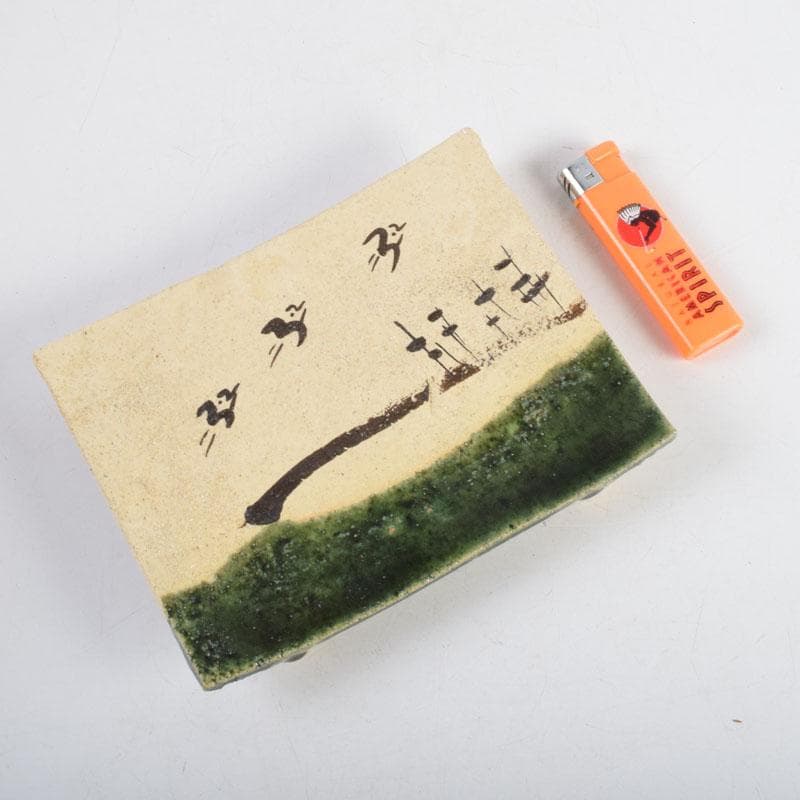 北大路魯山人作 織部焼 青織部 鳥文 四方皿 五客 時代箱 M