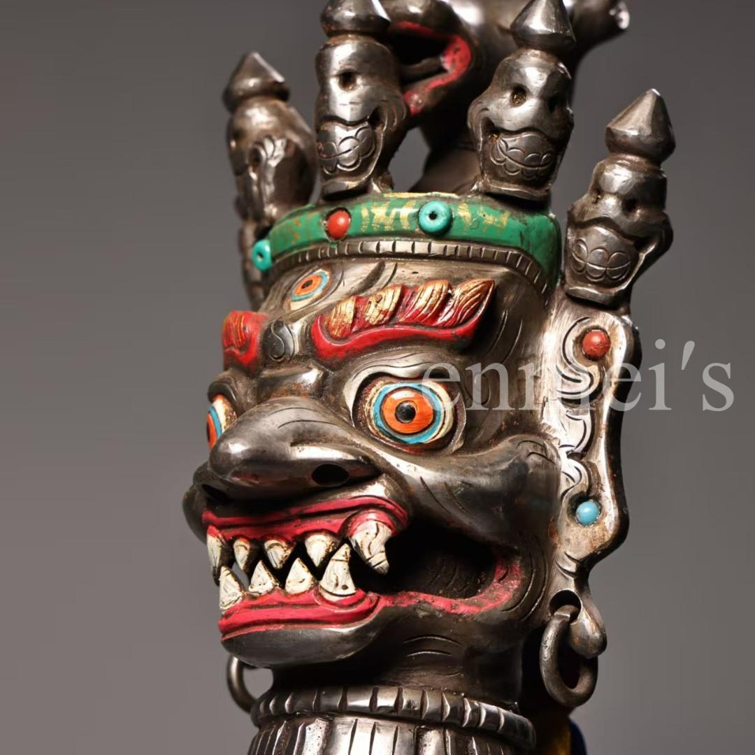 中国古美術・蔵伝工芸・寒鉄彩絵金剛降魔杵・手工錾刻・文房置物・鎮宅