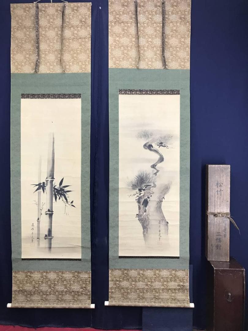 真作/狩野探信守道/松竹図/双幅/掛軸/名家伝来/AE-107