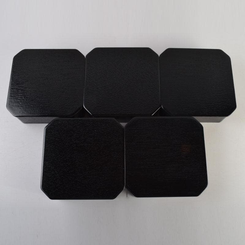 和食器　黒漆　松葉蒔絵　柿合　折曲重箱　5点　C　8625A