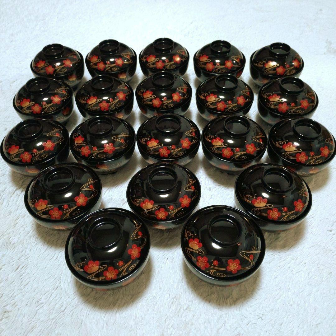 新品✬会津塗り　お吸い物椀蓋付き　流れ梅20客　漆器　桐箱入り
