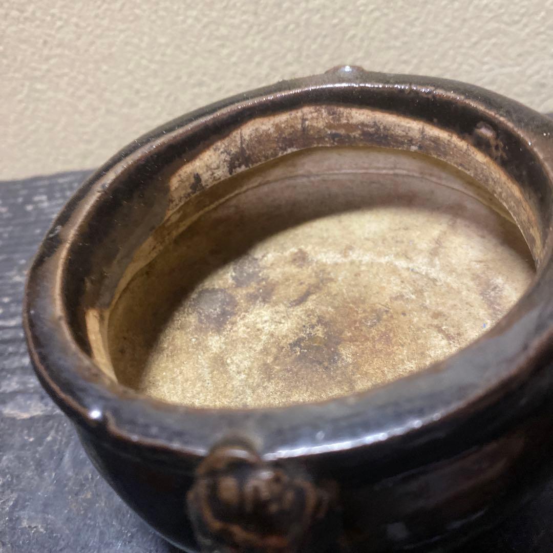 中国古玩 三つ足黒釉香炉7cm11cm