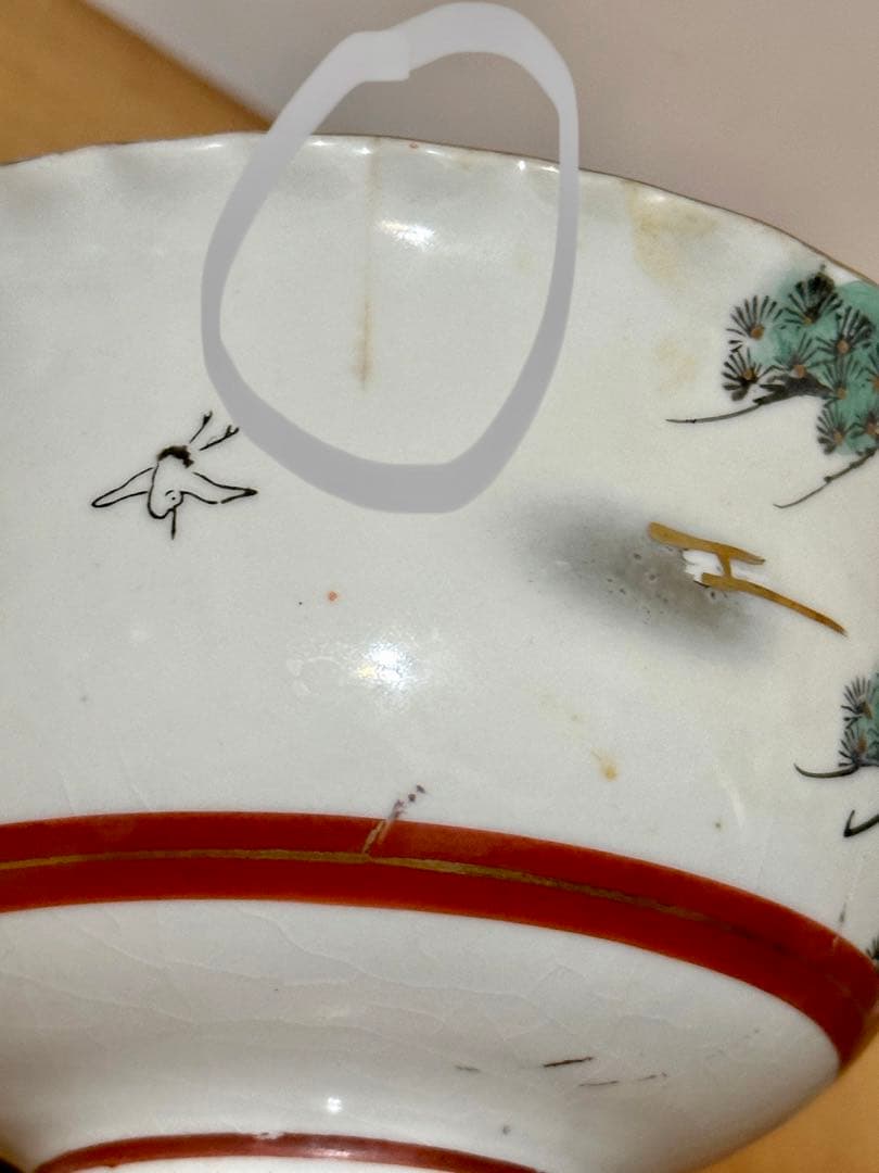 明治骨董鉢 古い重高台の菓子鉢 九谷銘　綺麗な　金彩錦　鶴と松絵　美術 送料無料