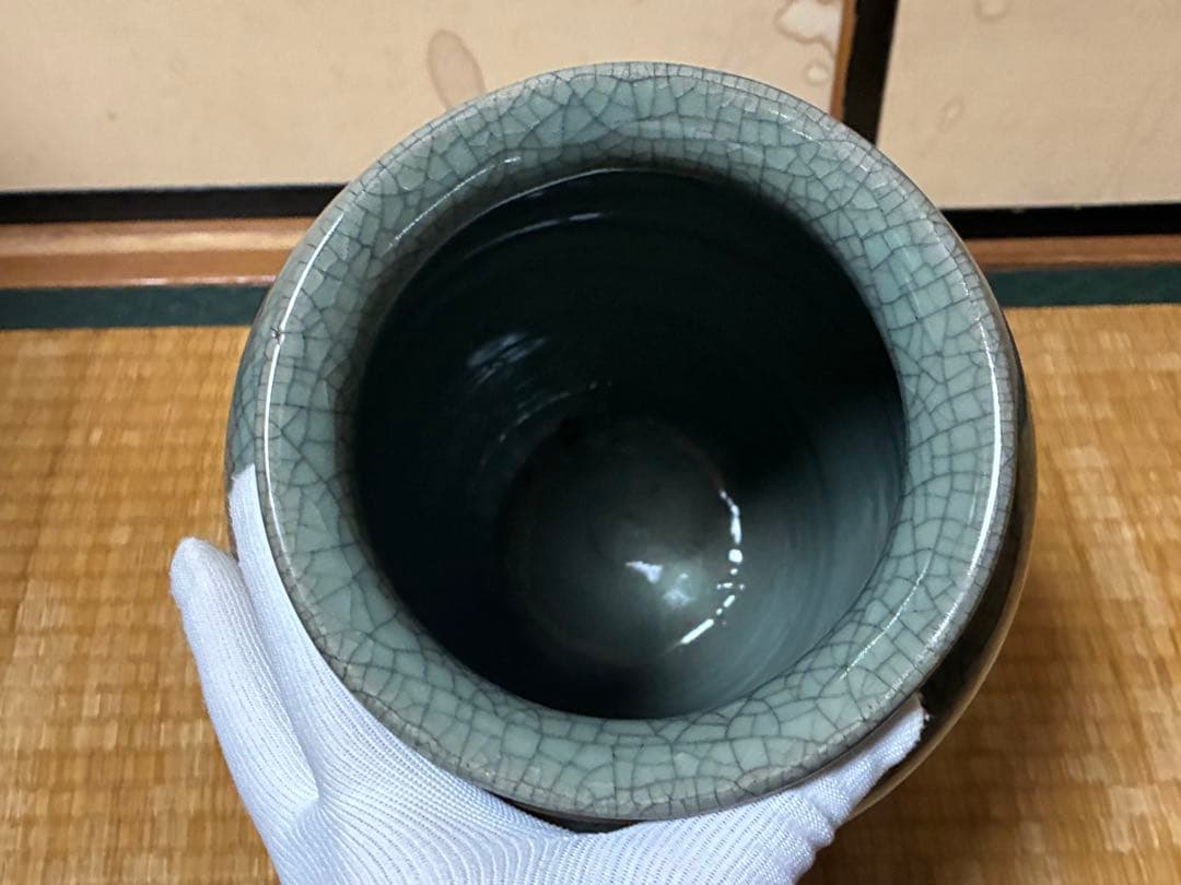 ひび割れ模様の青い花瓶 壺 花入 中国？