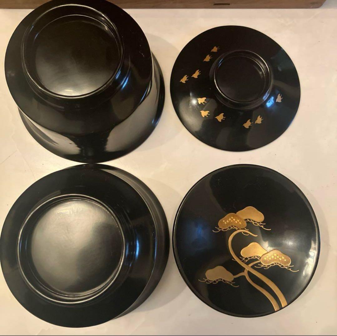 明治時代　金彩の絢爛豪華な千鳥や松、形が美しい木製輪島漆塗りお椀2客