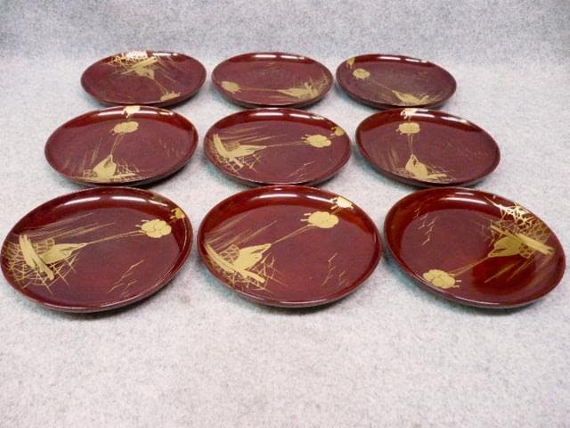 蒔絵 銘々皿 9枚 [B23818] 舟曳き図 漆器 漆芸 茶道具 菓子器