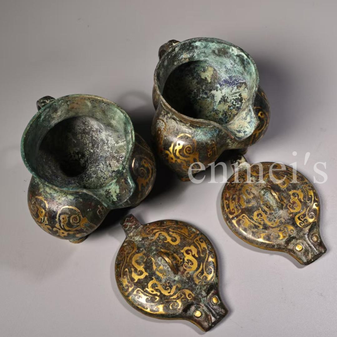 中国古美術・旧蔵青銅製錯金三足酒器 セット・酒具・