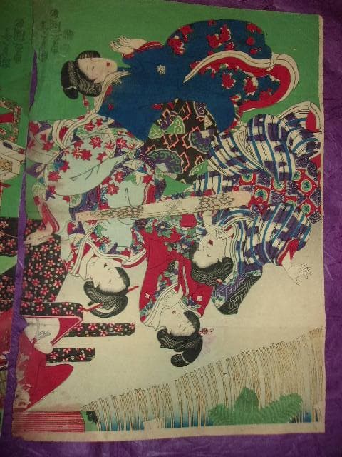 江戸時代 浮世絵 三枚組「若紫年中行事之内 睦月」絵師：国貞舎豊国