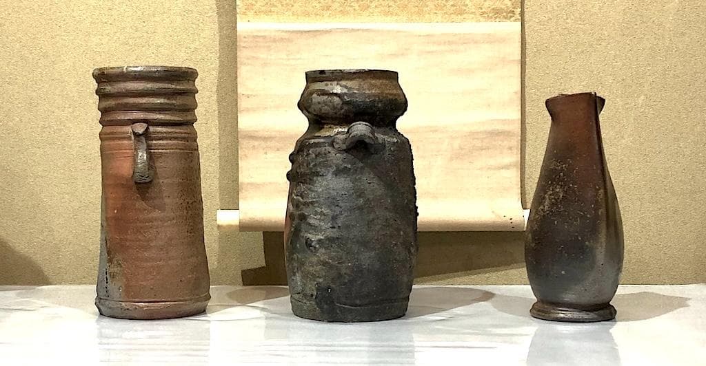 備前花瓶3点 左・木村友敬、中・末石高仙、右・不明、箱無 無傷 在銘