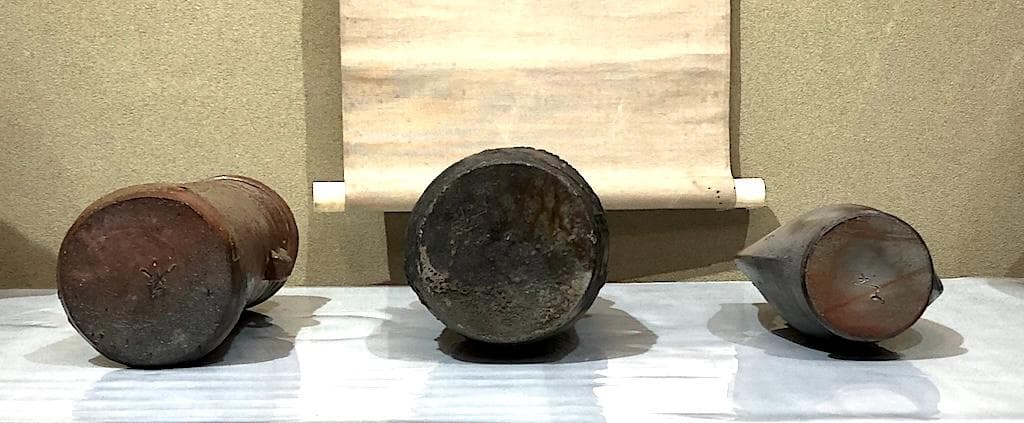 備前花瓶3点 左・木村友敬、中・末石高仙、右・不明、箱無 無傷 在銘