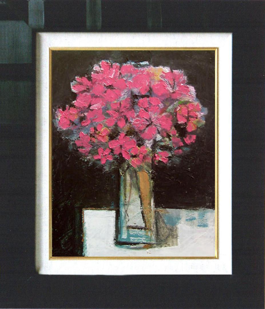 油絵 菅家令子 絵 絵画インテリア 額付(青緑＋金色の枠)uF6-113602花