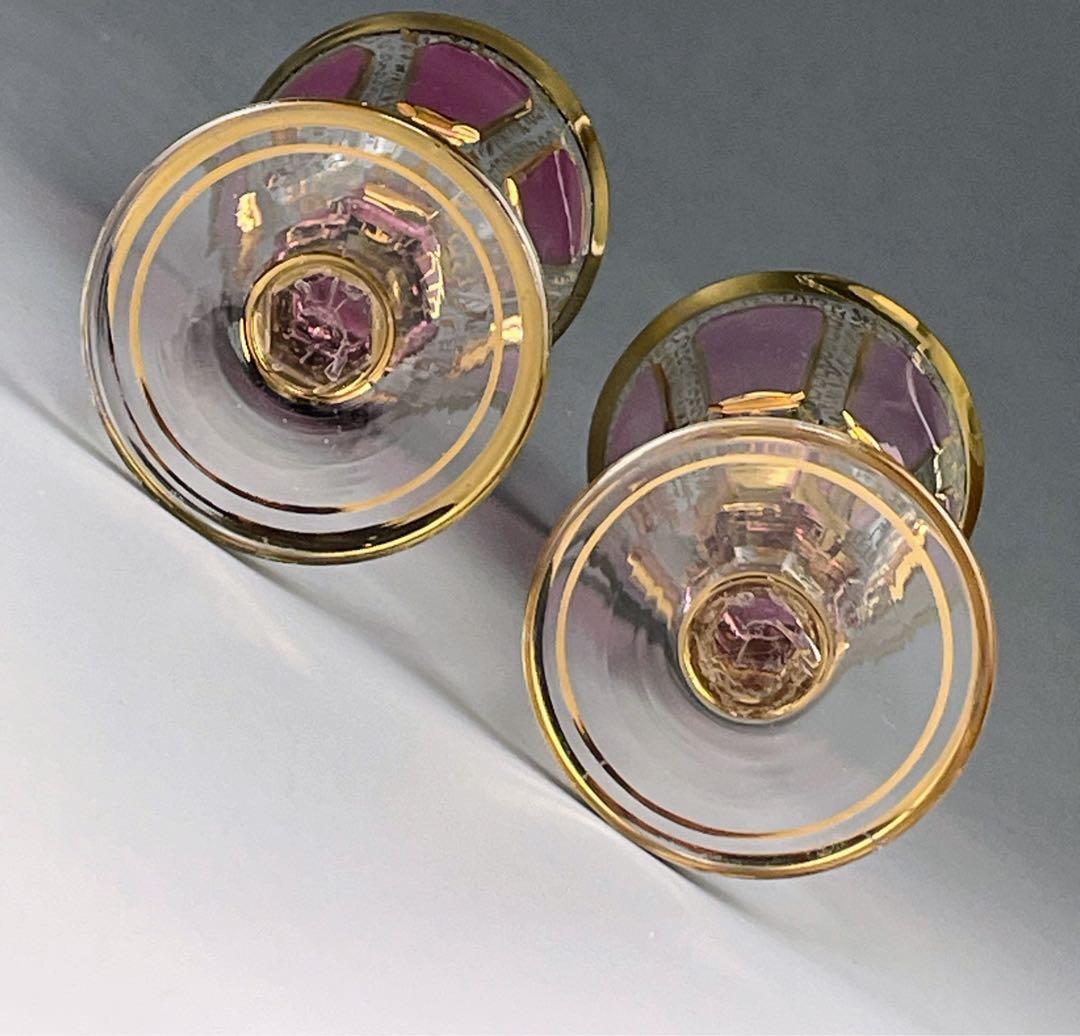 ボヘミア パネルグラス 2個セット クランベリー被せ ワイングラス