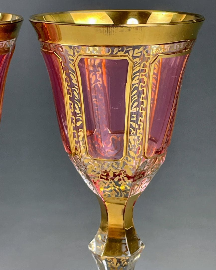 ボヘミア パネルグラス 2個セット クランベリー被せ ワイングラス