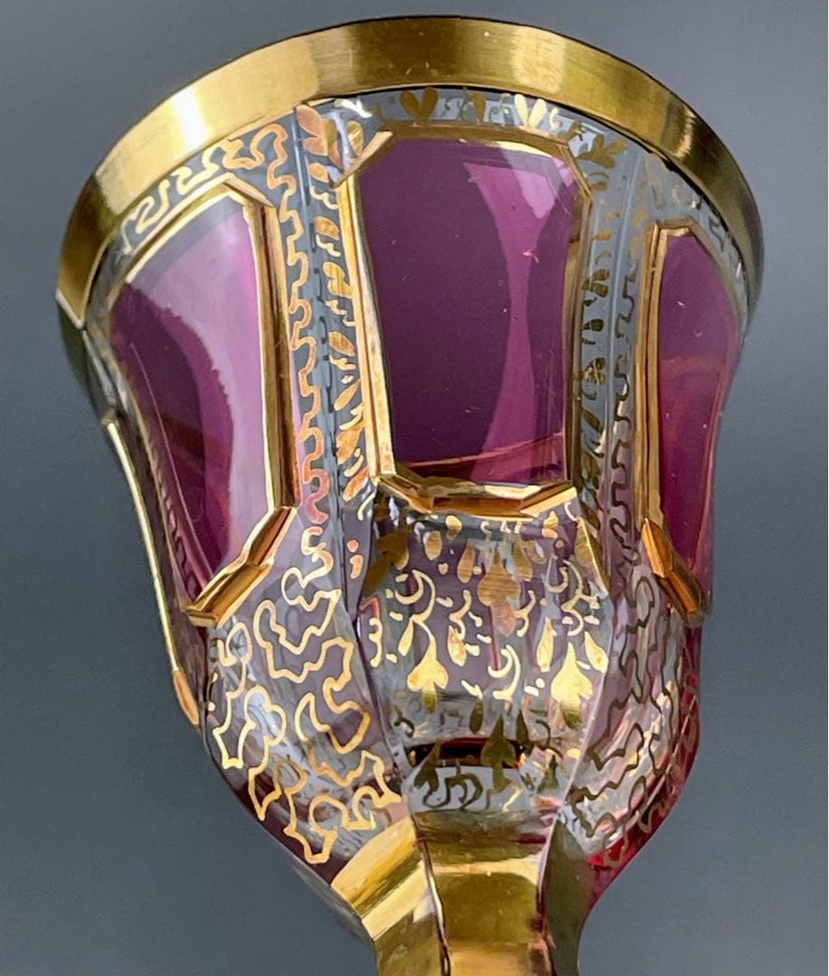 ボヘミア パネルグラス 2個セット クランベリー被せ ワイングラス