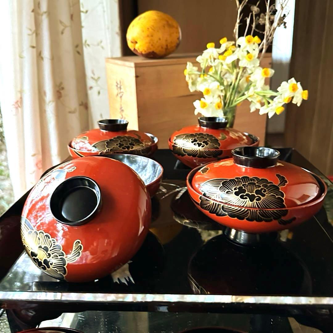 2208様感謝‼️洗朱❌黒JAPAN輪島蒔絵牡丹　独楽椀天然木本漆特製吸物椀5客