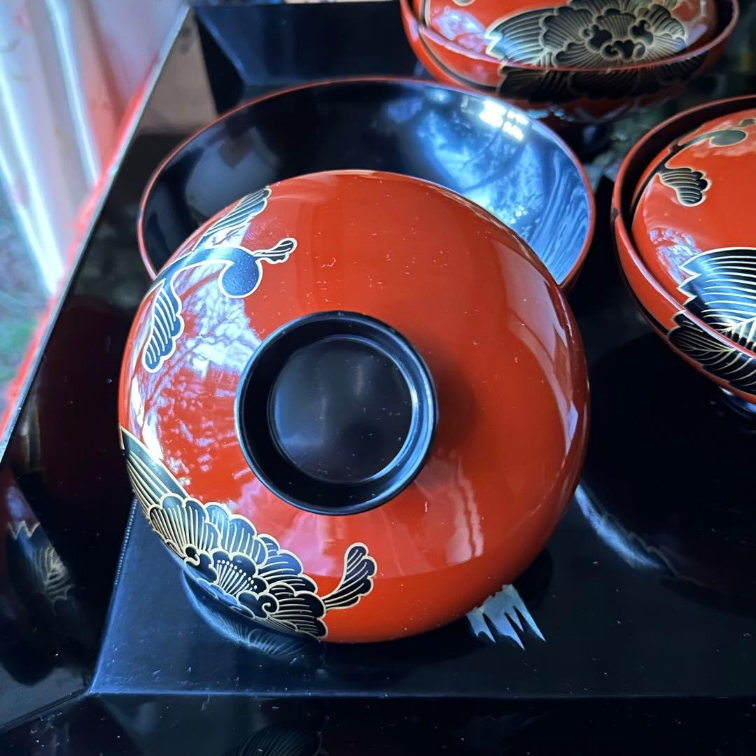 2208様感謝‼️洗朱❌黒JAPAN輪島蒔絵牡丹　独楽椀天然木本漆特製吸物椀5客