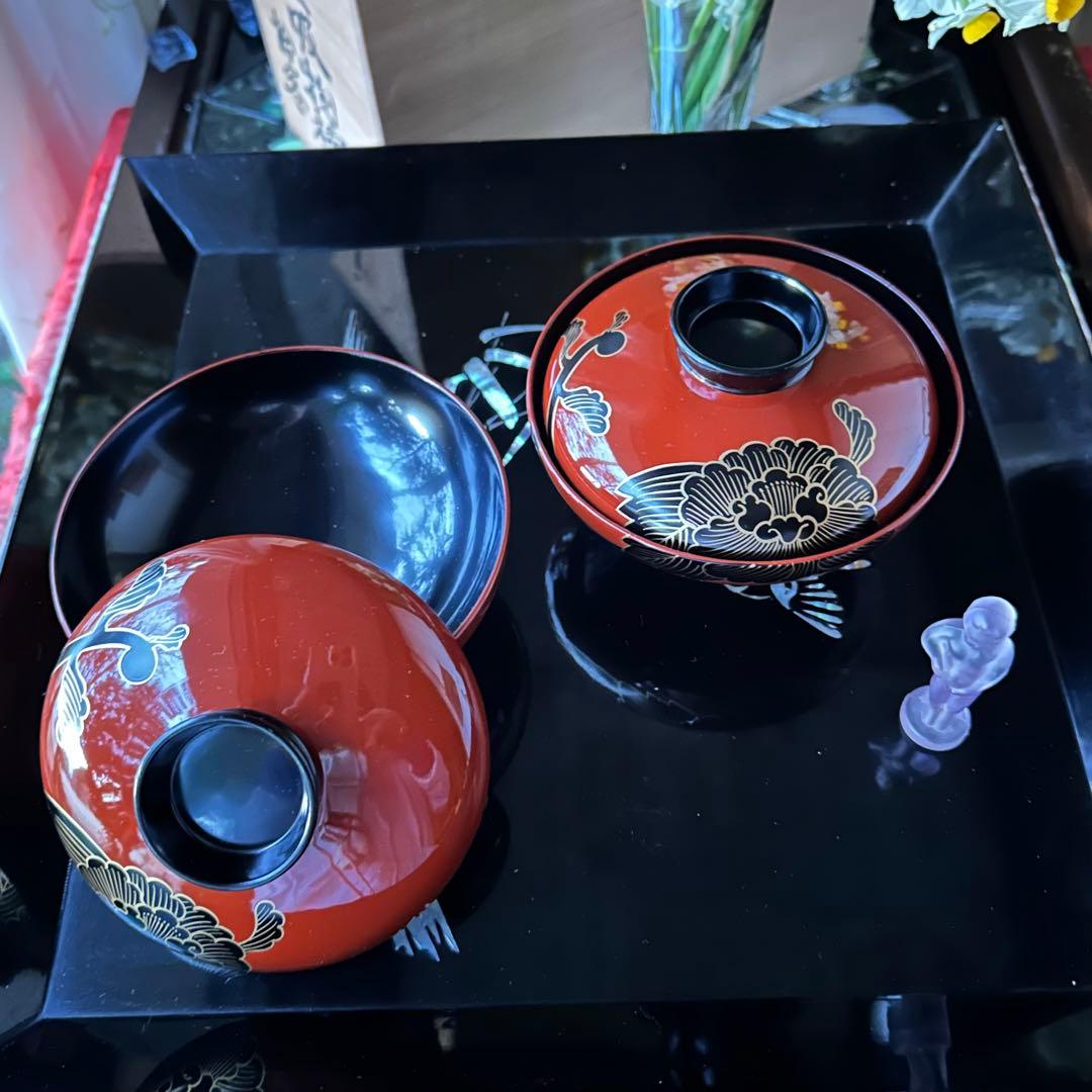 2208様感謝‼️洗朱❌黒JAPAN輪島蒔絵牡丹　独楽椀天然木本漆特製吸物椀5客