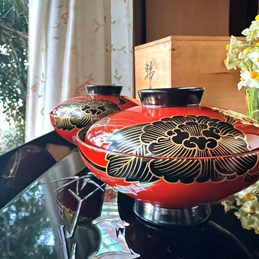 2208様感謝‼️洗朱❌黒JAPAN輪島蒔絵牡丹　独楽椀天然木本漆特製吸物椀5客