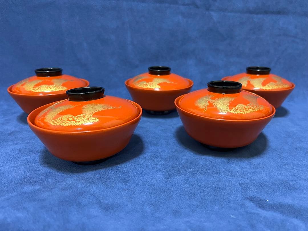 漆器　輪島塗　木製　蒔絵　蓋付椀　汁椀　5客　時代物　在銘稲森　木箱あり