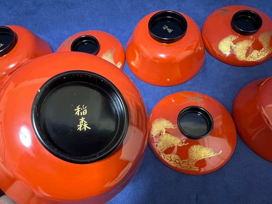 漆器　輪島塗　木製　蒔絵　蓋付椀　汁椀　5客　時代物　在銘稲森　木箱あり