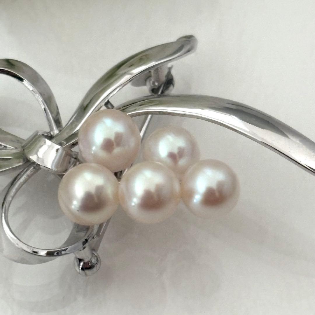 248【ミキモト】シルバー パール ブローチ リボン 花束