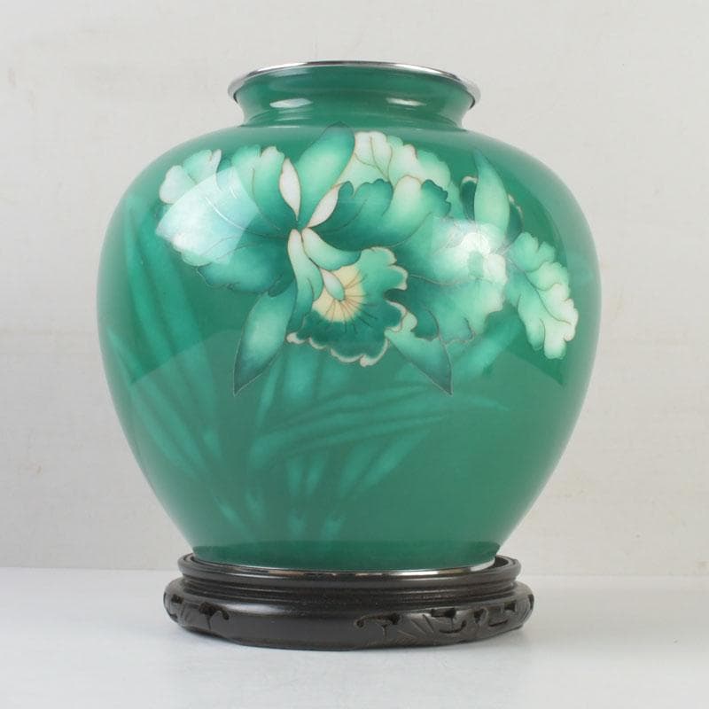 七宝焼 緑釉 花文 花瓶 唐木台付 共箱 V 9833A 七宝焼 青釉