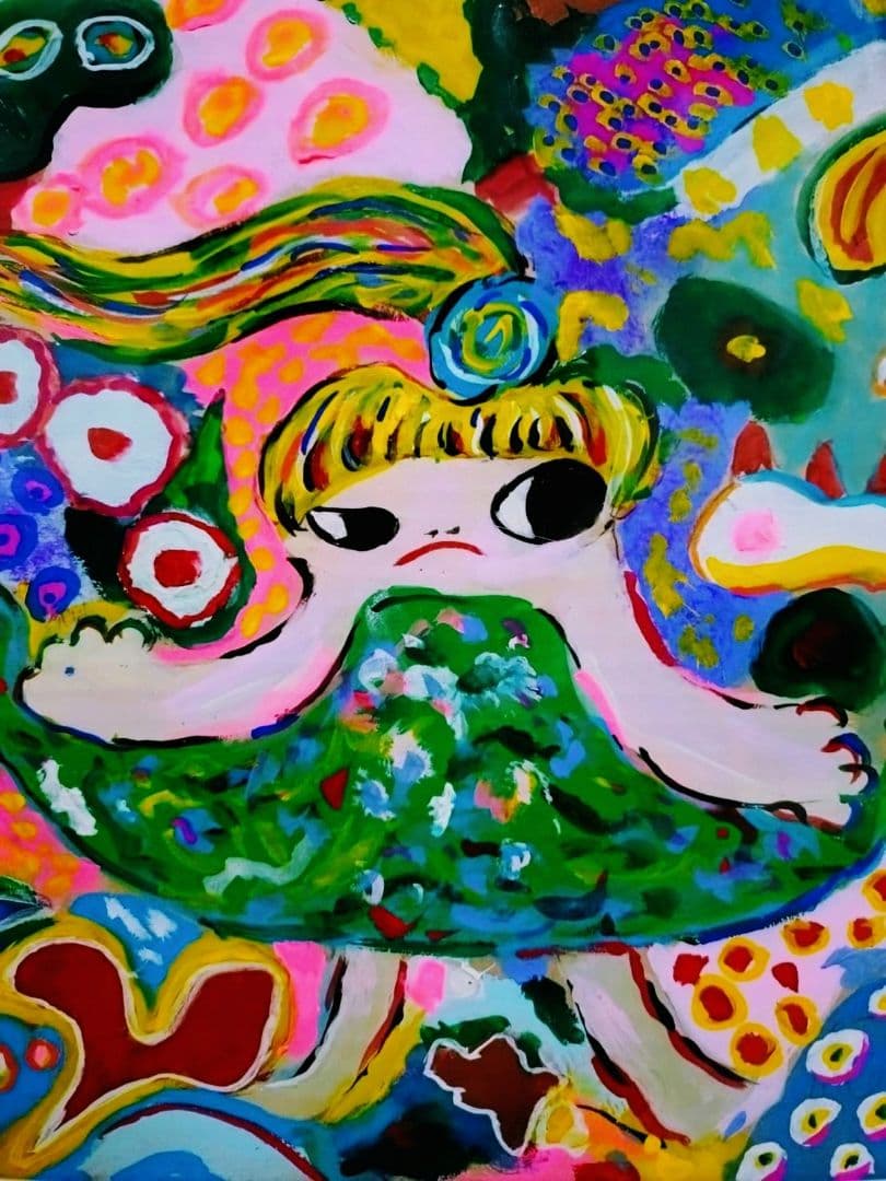 ロッカクアヤコ【段ボール画】手描き大型作品/表サイン有り/油彩