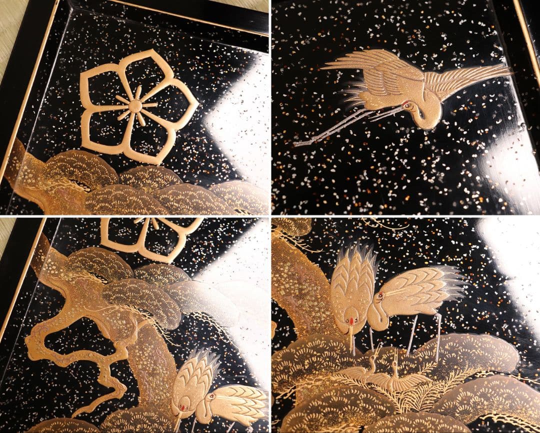 時代 牡丹唐草金蒔絵 黒塗 梨地 五段重 重台 桔梗紋 松鶴 共箱【MA120】