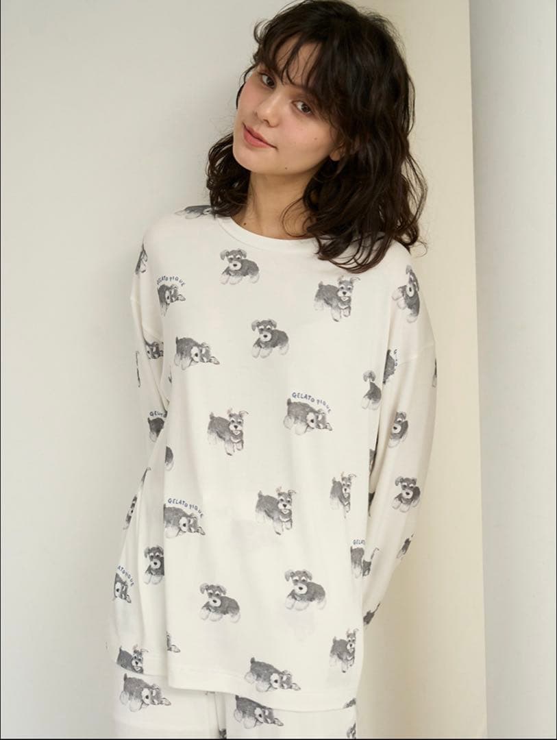【新品】ジェラートピケ　シュナウザー柄ロンＴ&ロングパンツ