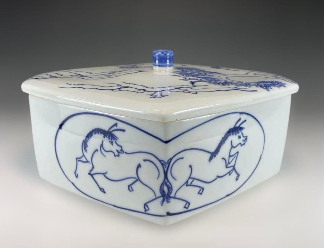 茶道具】手塚祥堂造 染付菱馬食籠 堀内宗完書付（共