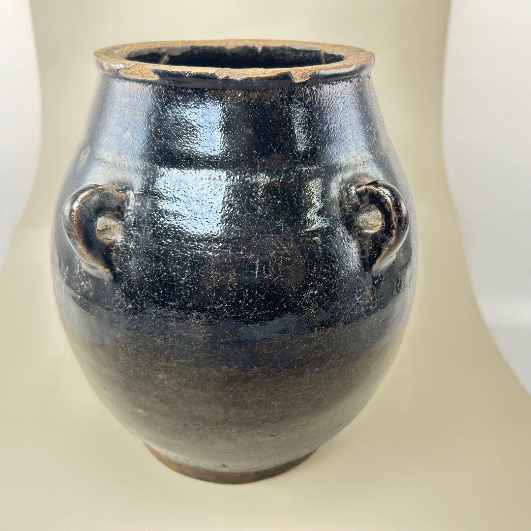 李朝初期 黒高麗壷 黒釉 李朝 壷 伝世品焼物 骨董