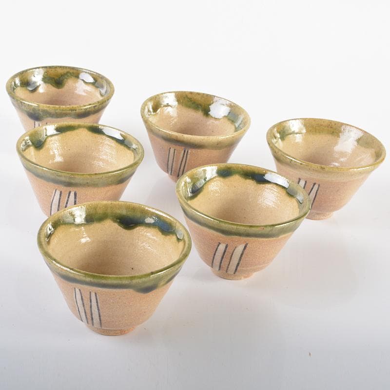 煎茶道具　京焼　清水焼　瑞光窯　織部煎茶碗　六客　共箱　M　R6248