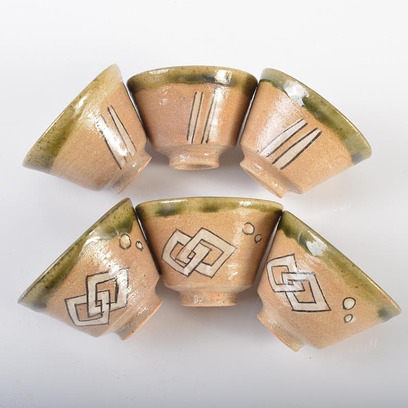 煎茶道具　京焼　清水焼　瑞光窯　織部煎茶碗　六客　共箱　M　R6248