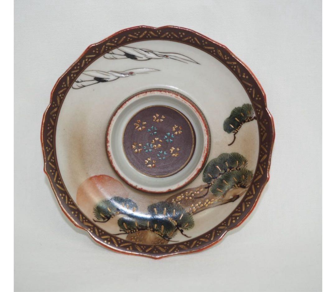 送料無料 明治～大正九谷焼 手描き松鶴紋杯台/盃台5客 完