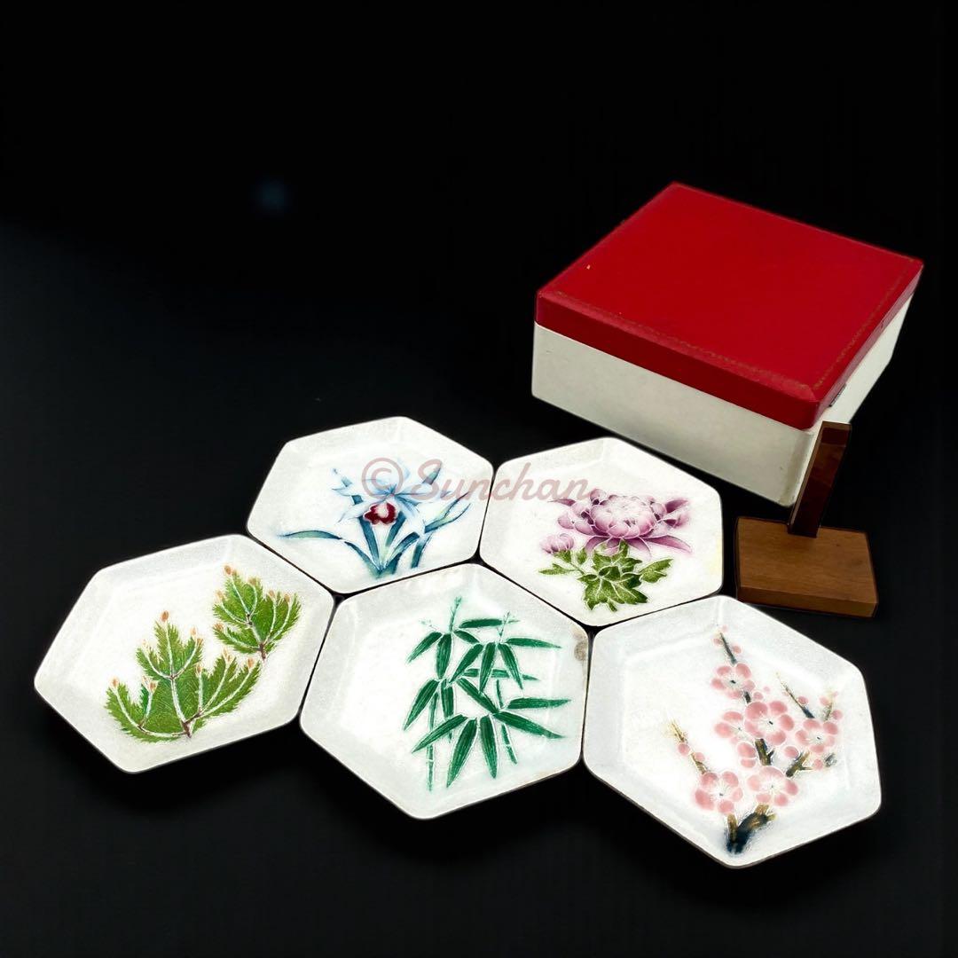 未使用品】 尚美堂 七宝焼 六角皿五枚セット 専用箱 専用台付