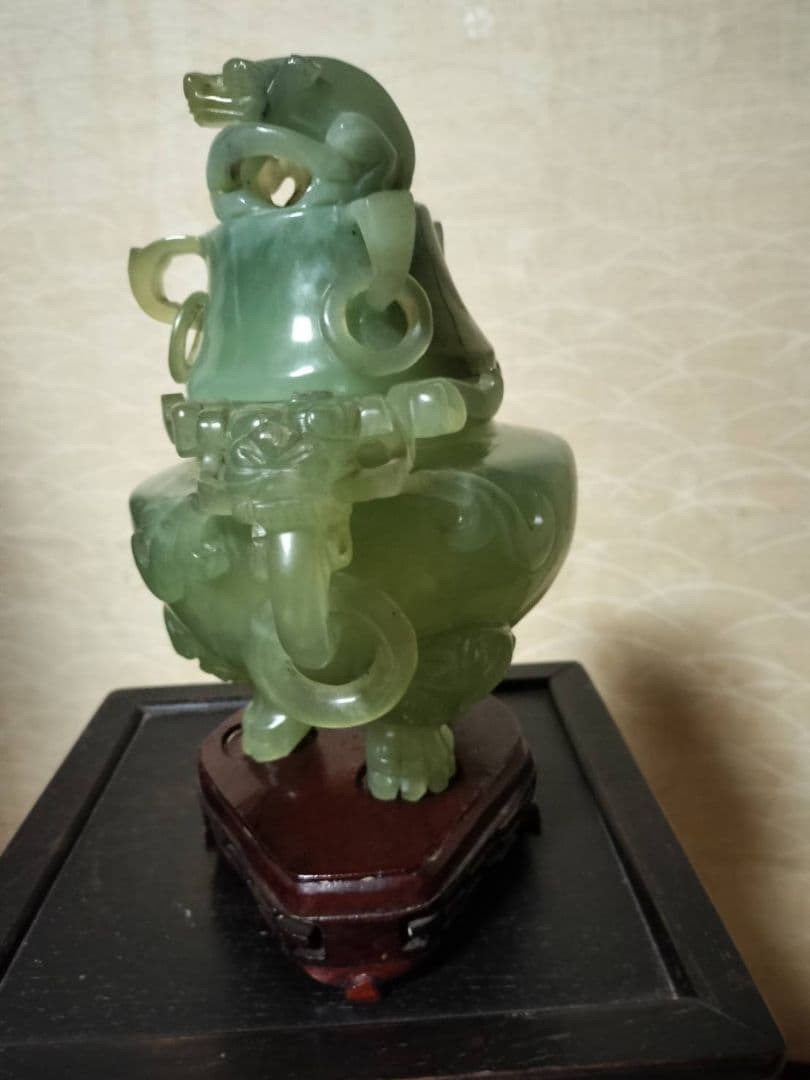 中国玉石龍紋香炉 21cmx21cm三足花台付