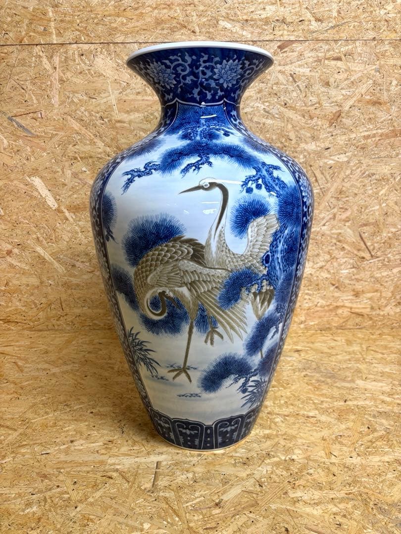 希少★豪華★緒方松右衛門★有田焼★染付松鷹鯉鶴花唐草地紋★特大花瓶