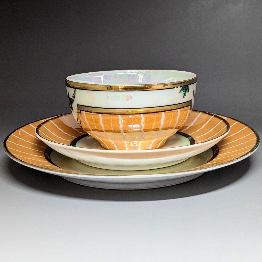 オールドノリタケ アールデコ期大銘品！金彩虹ラスター花籠絵図キャビネット トリオ