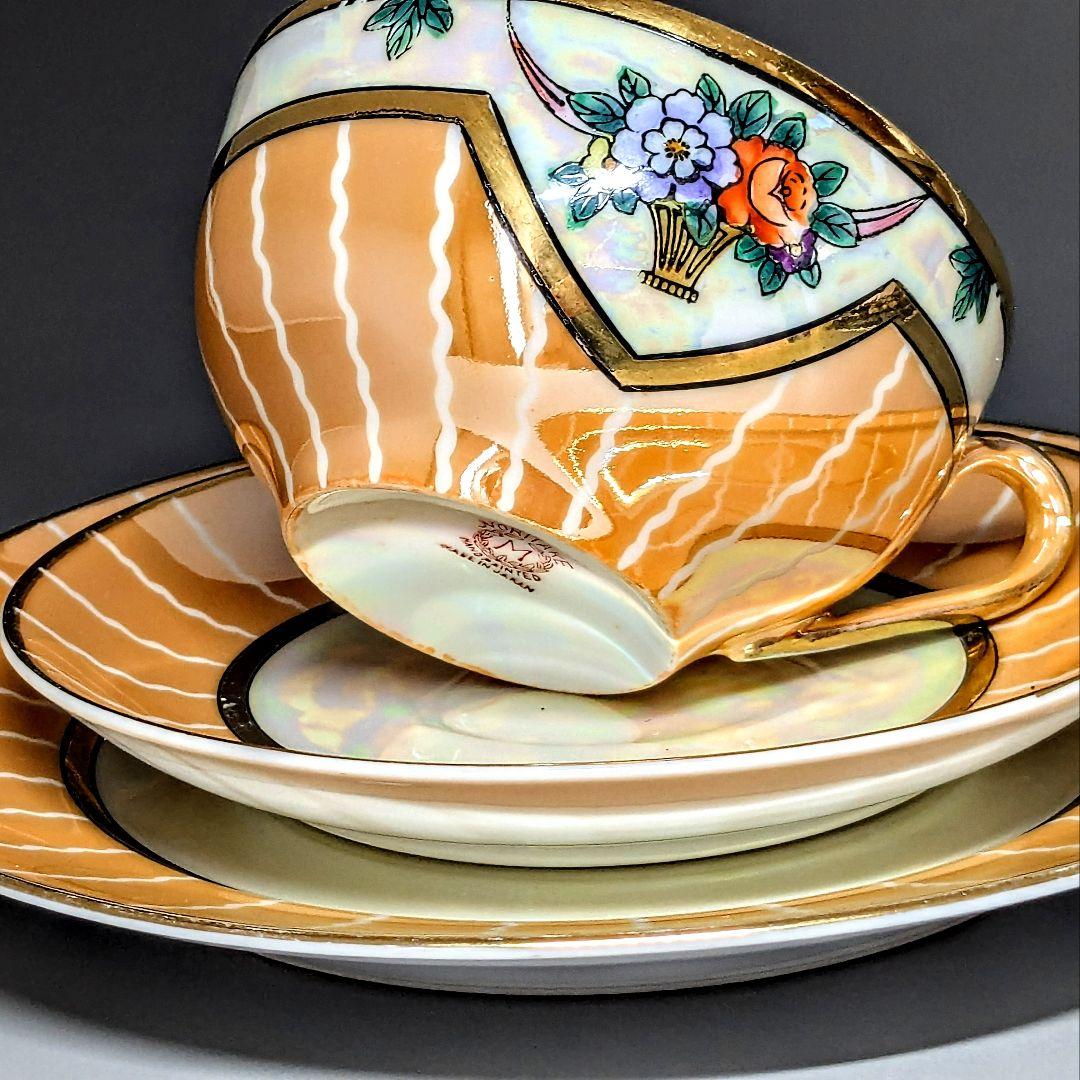 オールドノリタケ アールデコ期大銘品！金彩虹ラスター花籠絵図キャビネット トリオ